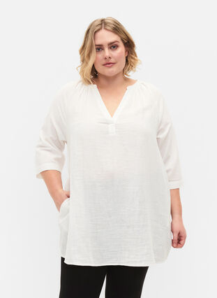 3/4 sleeve tunic in cotton, Bright White, Model image number 0