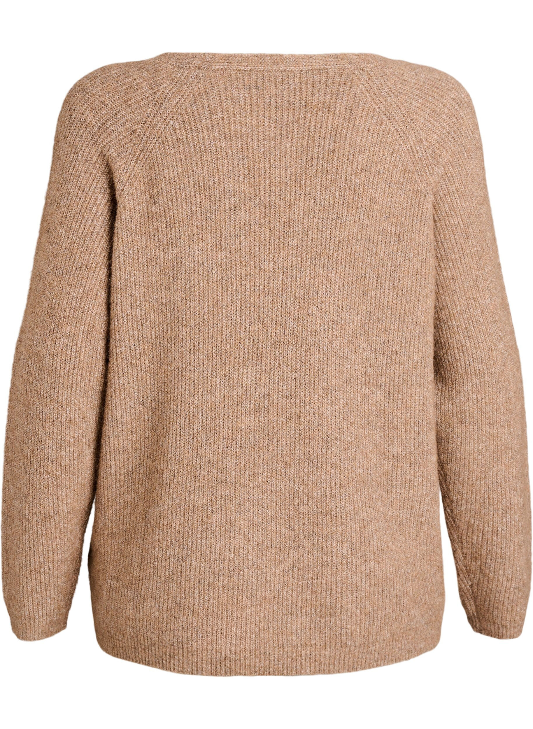 Zizzifashion Knitted blouse with V-neck and raglan sleeves, Brown, Packshot image number 1