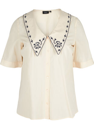 Short-sleeved shirt in cotton with a large collar, MotherOfPearl w.Blue, Packshot image number 0