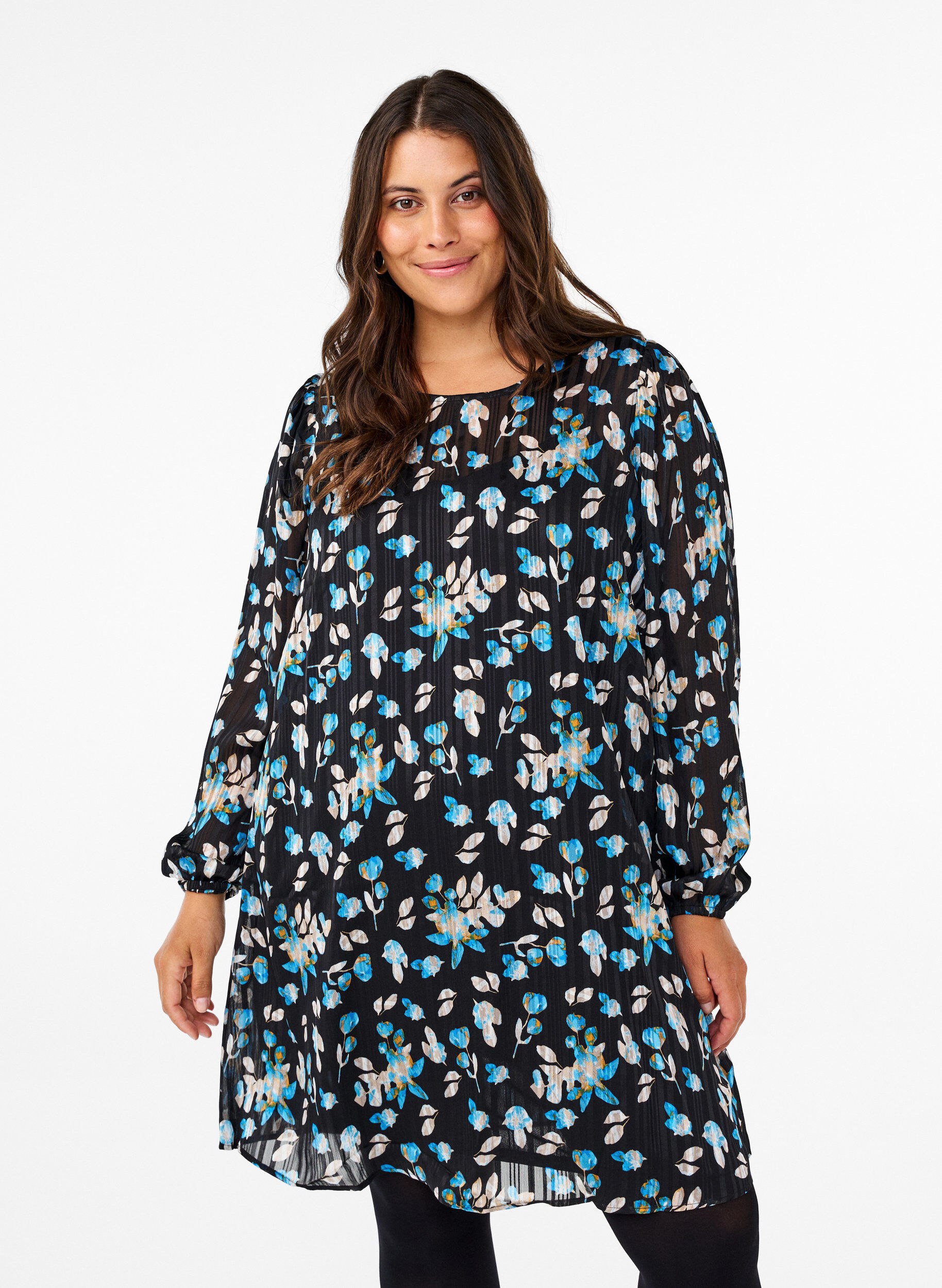 Zizzifashion Short printed dress with a round neck, Black Blue Fl. AOP, Model image number 0