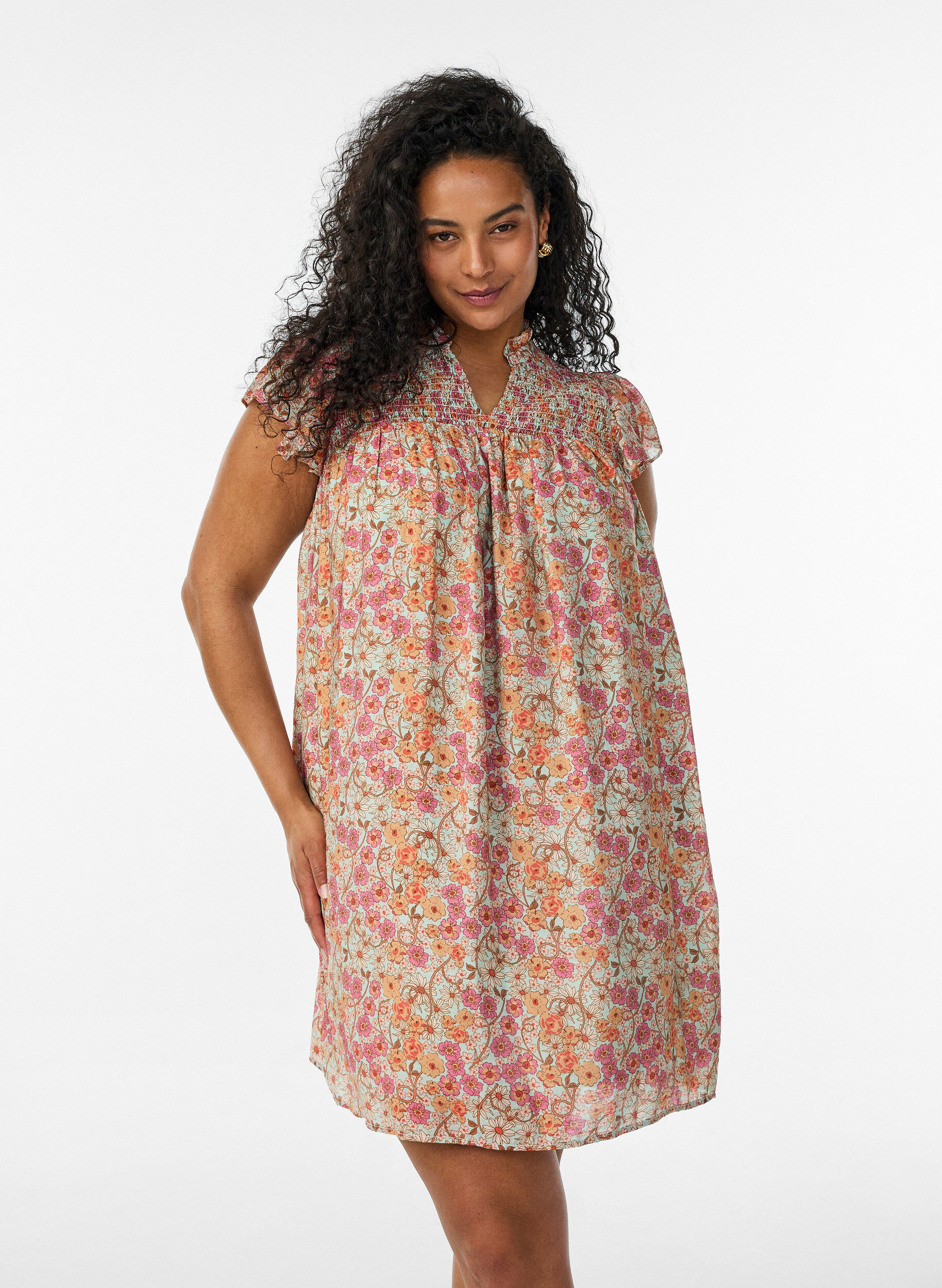 ZizzifashionShort viscose dress with smocking and floral print, Orange, Model image number 0