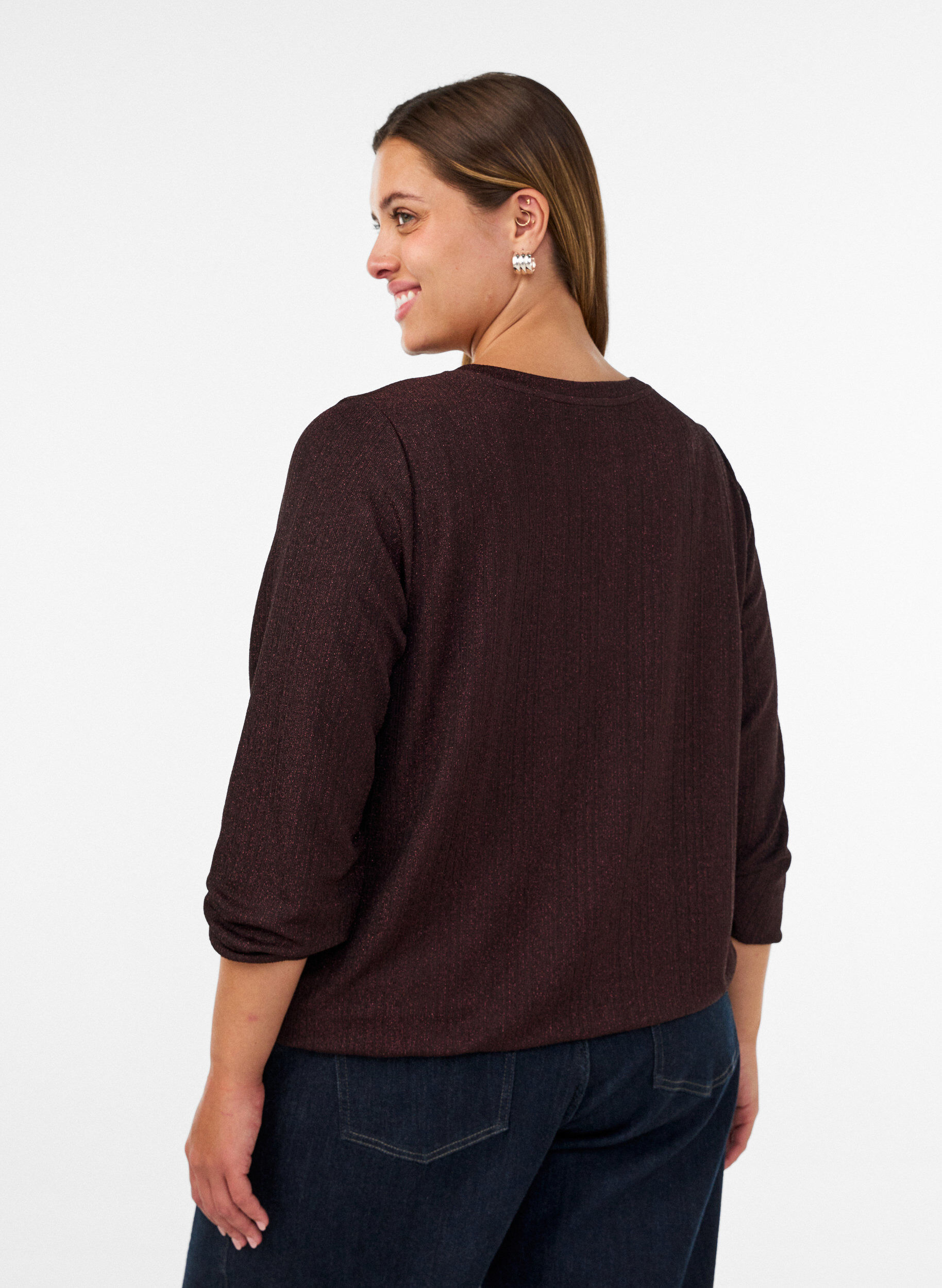 ZizzifashionBlouse with vertical texture and glitter thread, Brown, Model image number 2