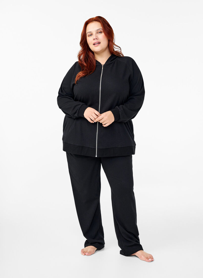 Hooded sweat cardigan with pockets, Black, Model image number 1