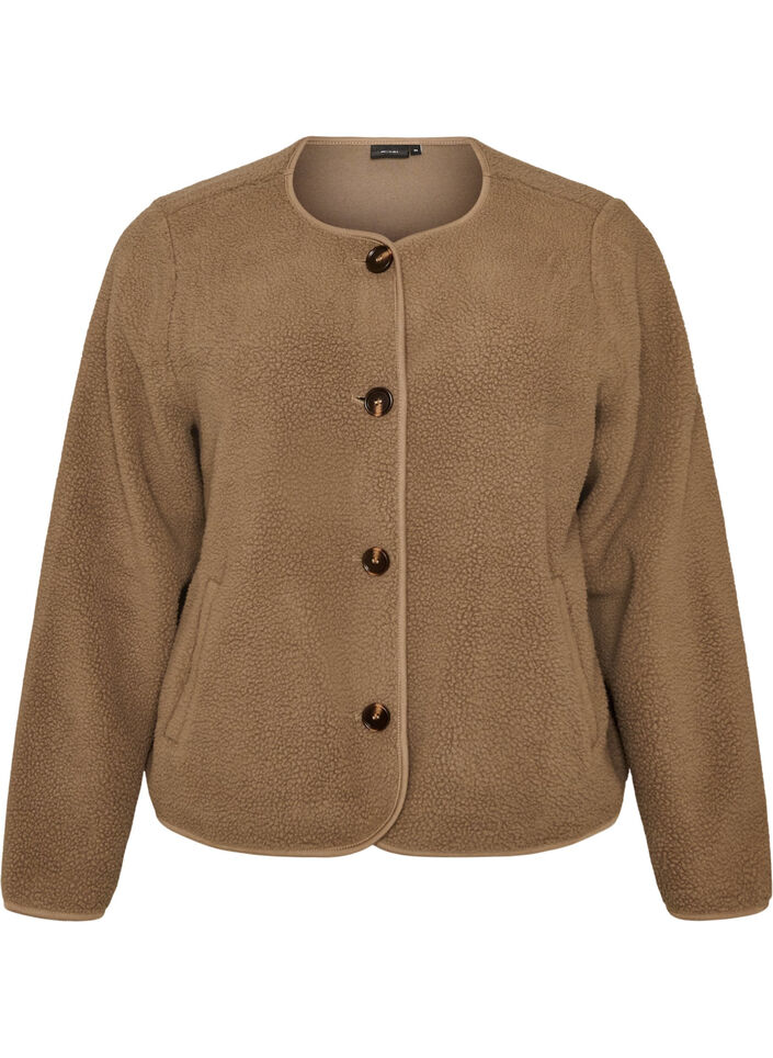 Teddy jacket with a round neck and buttons, Brown, Packshot image number 0