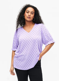 V-neck blouse with hole pattern, Viola, Model