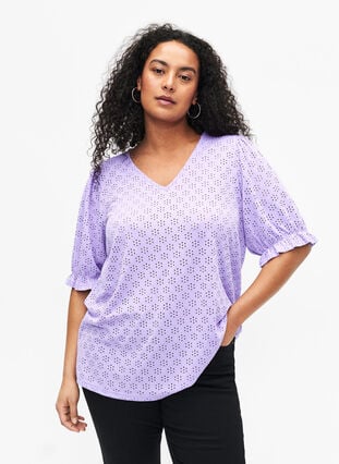 V-neck blouse with hole pattern, Viola, Model image number 0