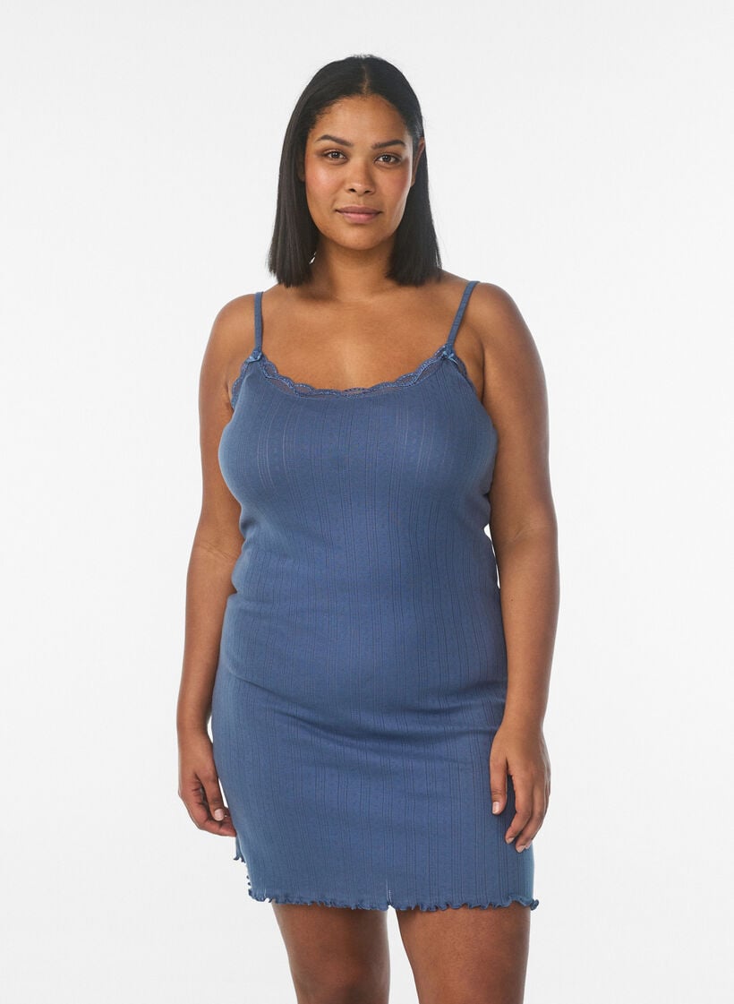 Nightgown with thin straps and textured pattern, Blue, Model image number 0
