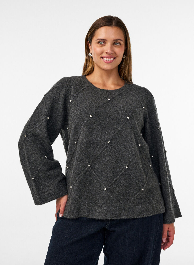 Knitted blouse with rhinestones and diamond pattern, Dark Grey, Model image number 0