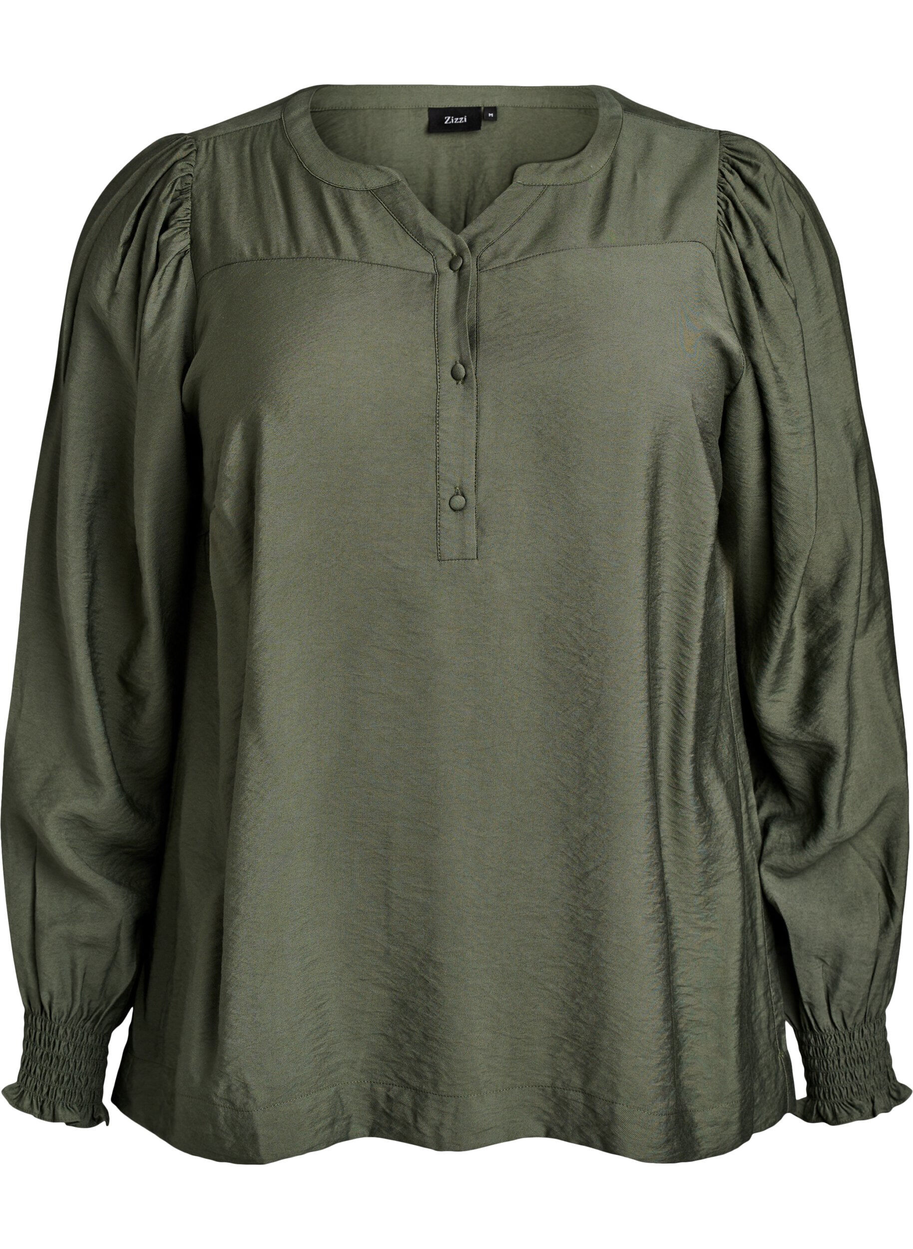 ZizzifashionViscose blouse with smock and gathered details, Green, Packshot image number 0
