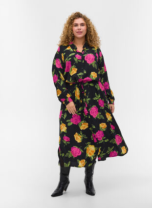 Floral viscose maxi dress with button fastening, Black Flower AOP, Model image number 2