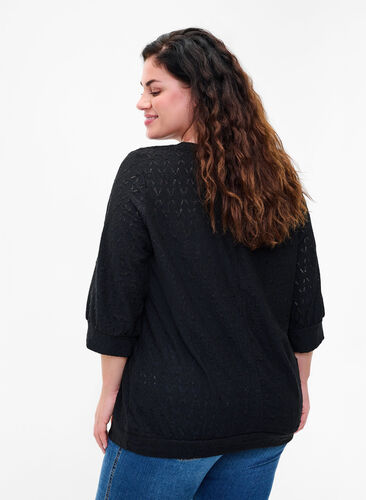 Blouse with 3/4-sleeves and a structured pattern, Black, Model image number 1