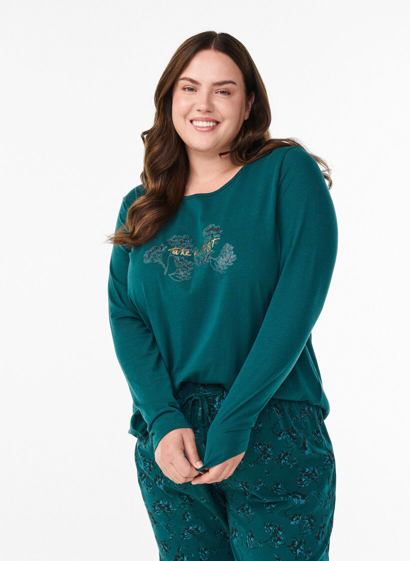 Night top in cotton with front print, Turquoise, Model image number 0