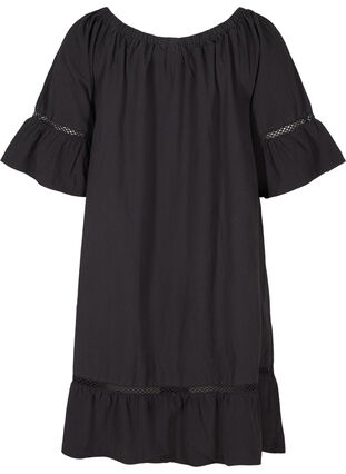 Cotton dress with lace ribbon and short sleeves, Black, Packshot image number 1