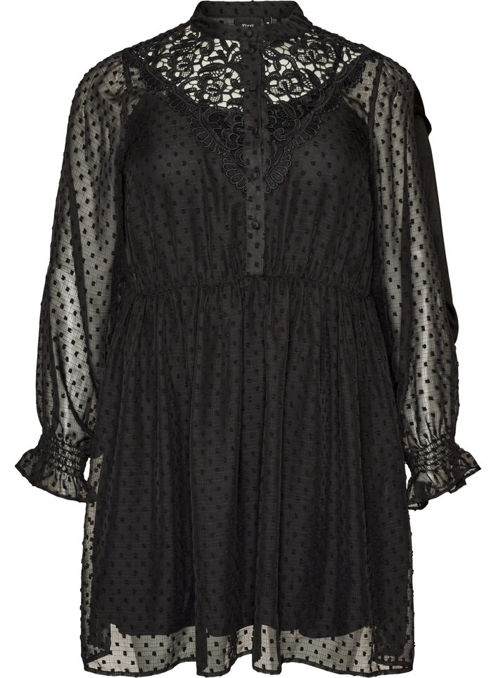 Chiffon dress with guipure lace and empire line, Black, Packshot image number 0