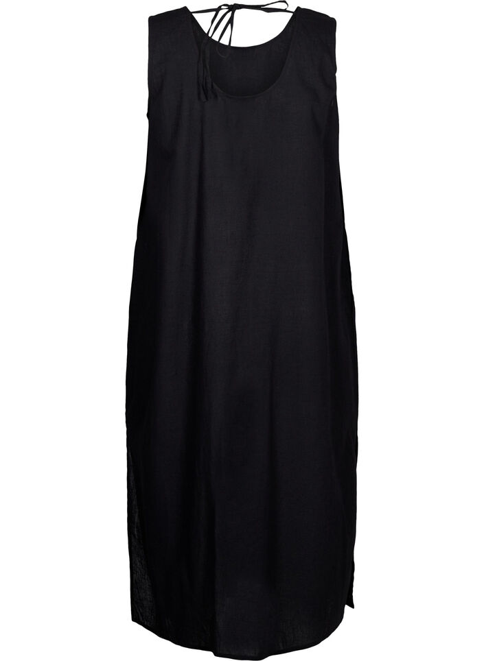 Sleeveless cotton blend dress with linen, Black, Packshot image number 1