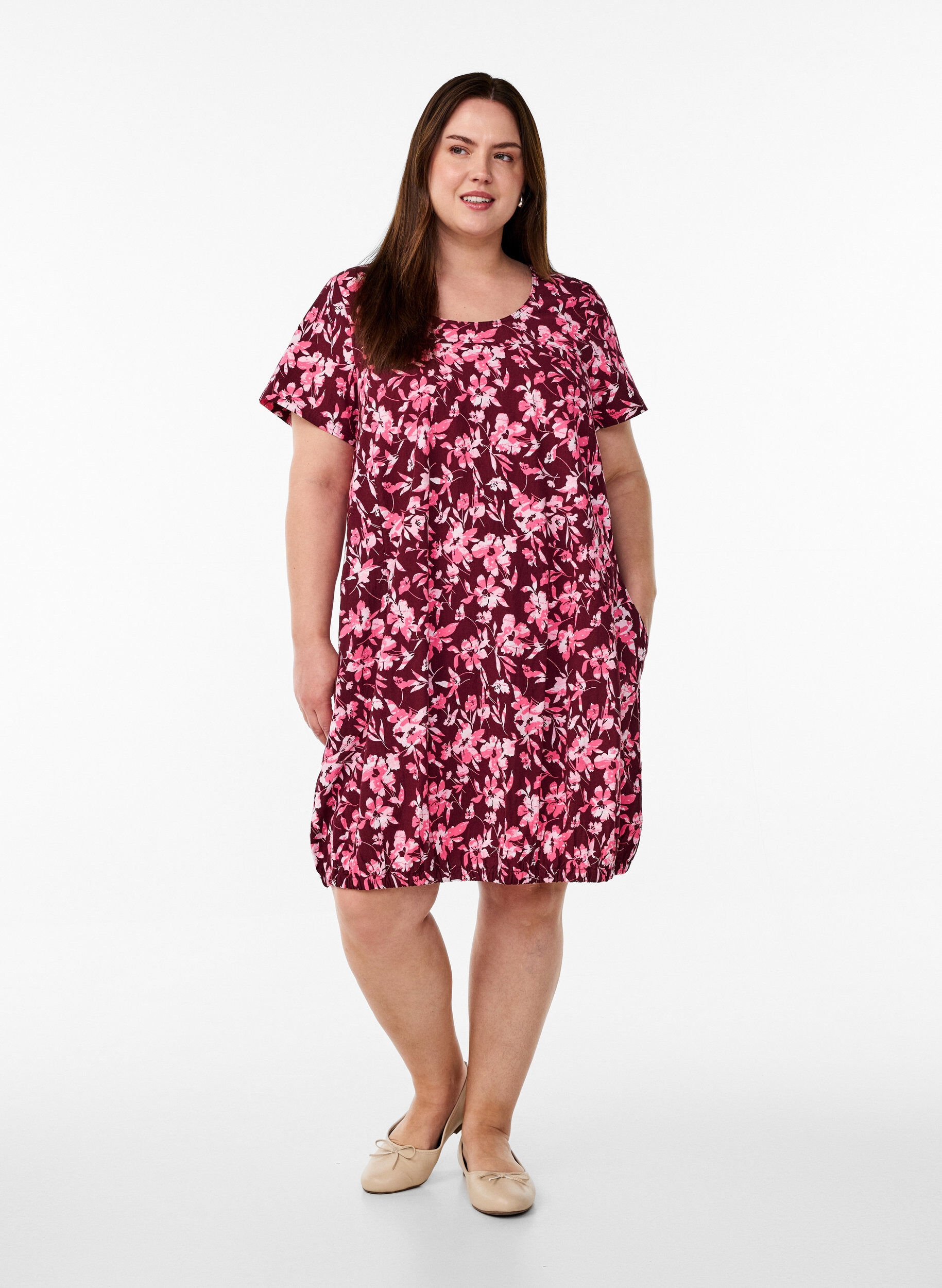 ZizzifashionShort-sleeved cotton dress with print, Dark Bordeaux, Model image number 1