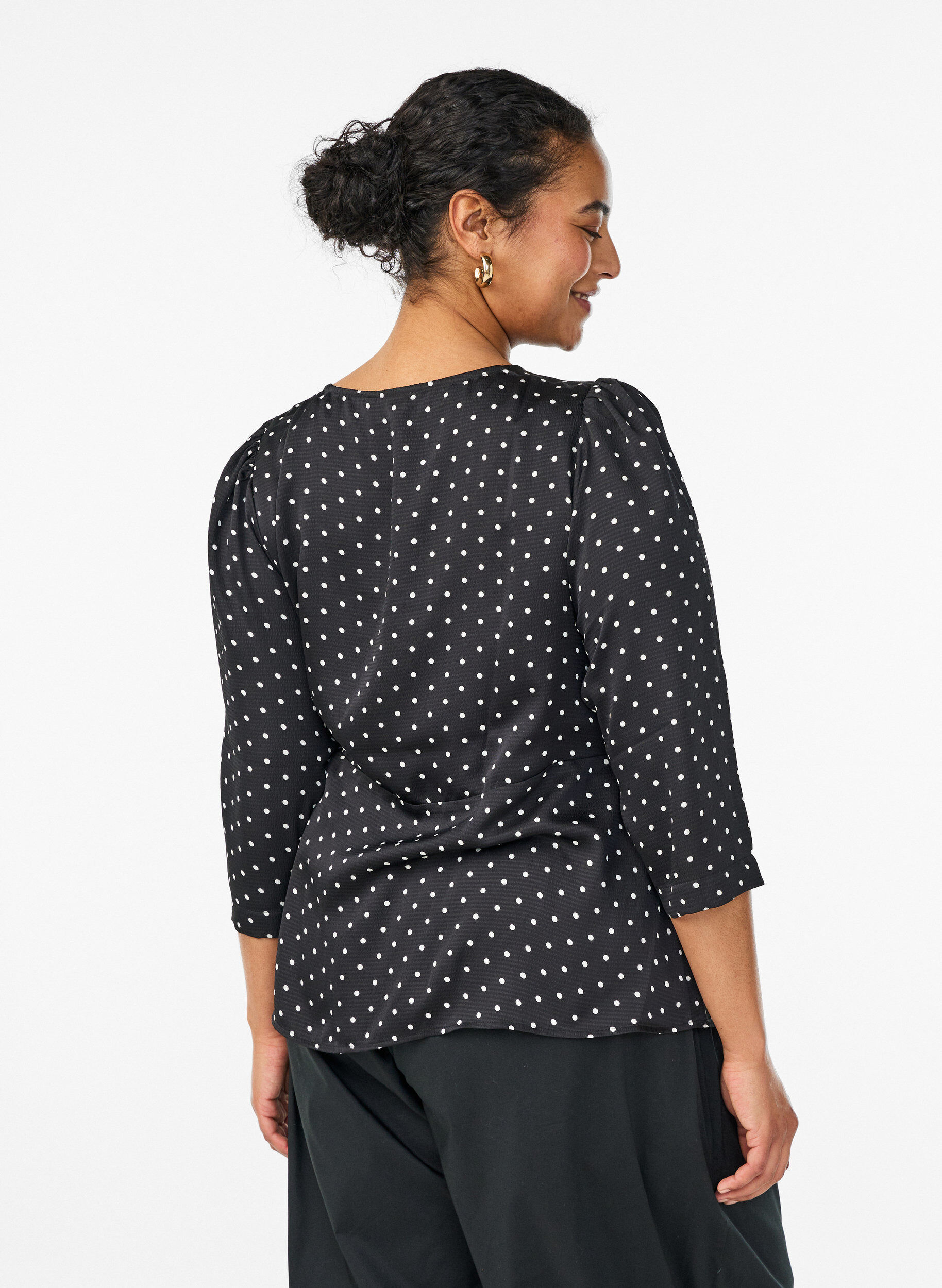 ZizzifashionPolka dot blouse with tie-fastening and 3/4-sleeves, Black, Model image number 2