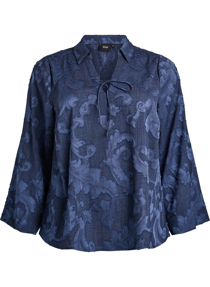 Blouse with a textured woven pattern and V-neck, Blue, Packshot image number 0