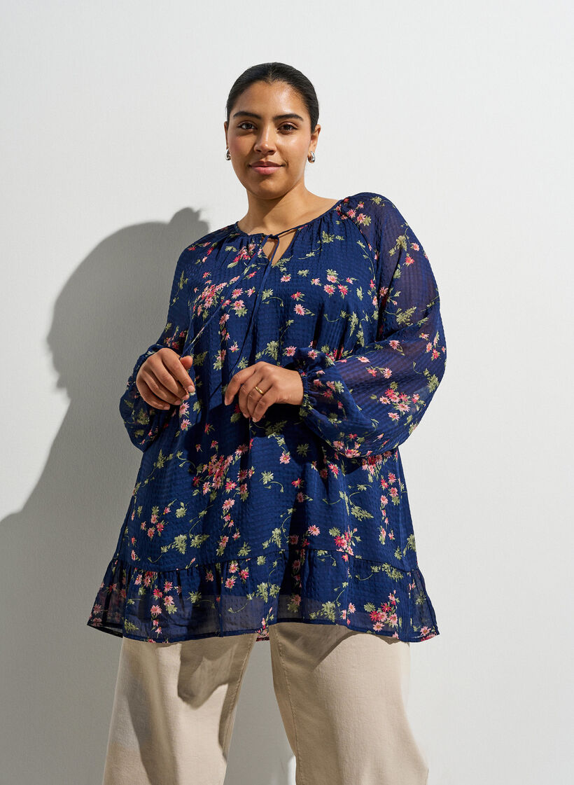 Floral print A-line tunic, Blue, Image image number 0