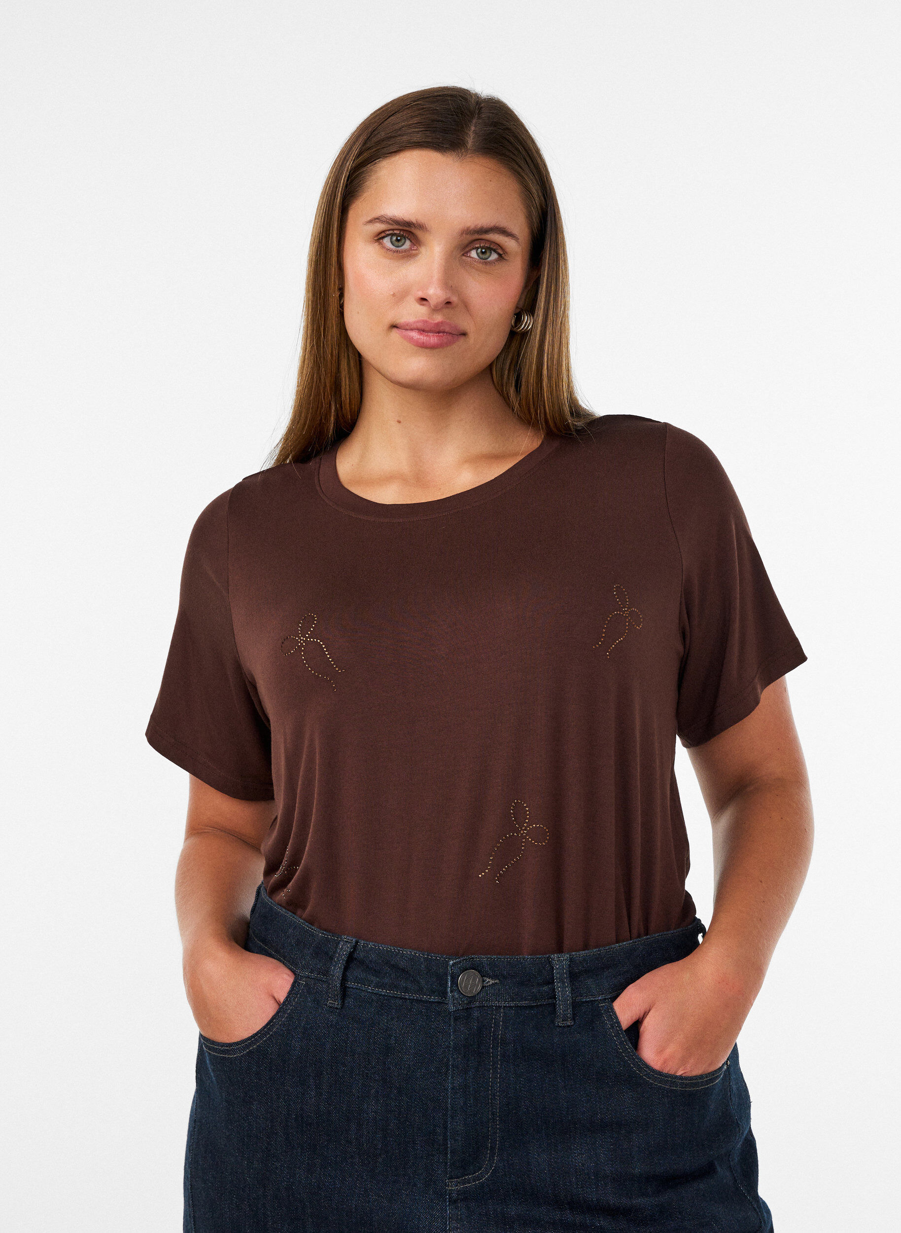 ZizzifashionViscose T-shirt with rhinestones, Brown, Model image number 0