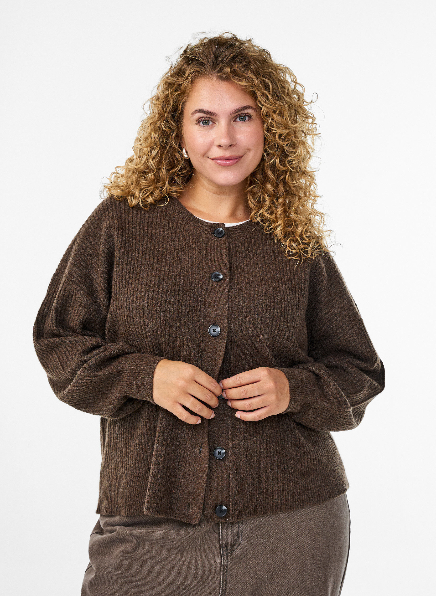 ZizzifashionRib knit cardigan with buttons, Brown, Model image number 0