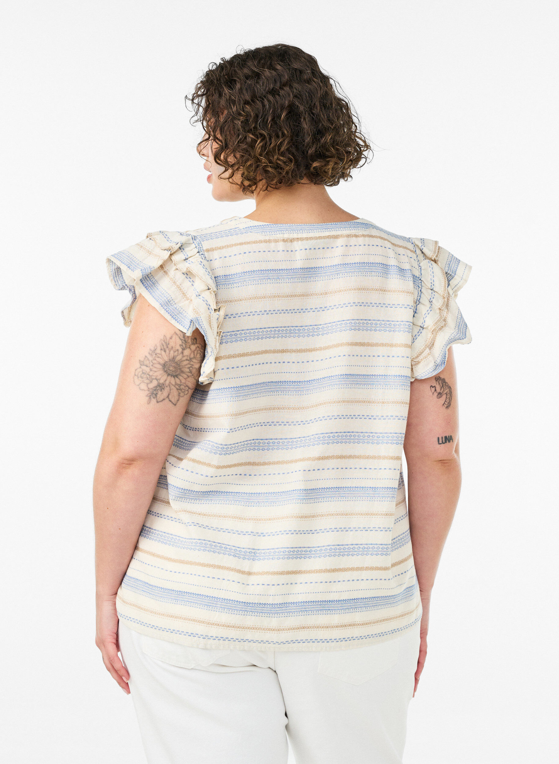 ZizzifashionSleeveless blouse with ruffles and patterned stripes, Vanilla, Model image number 2