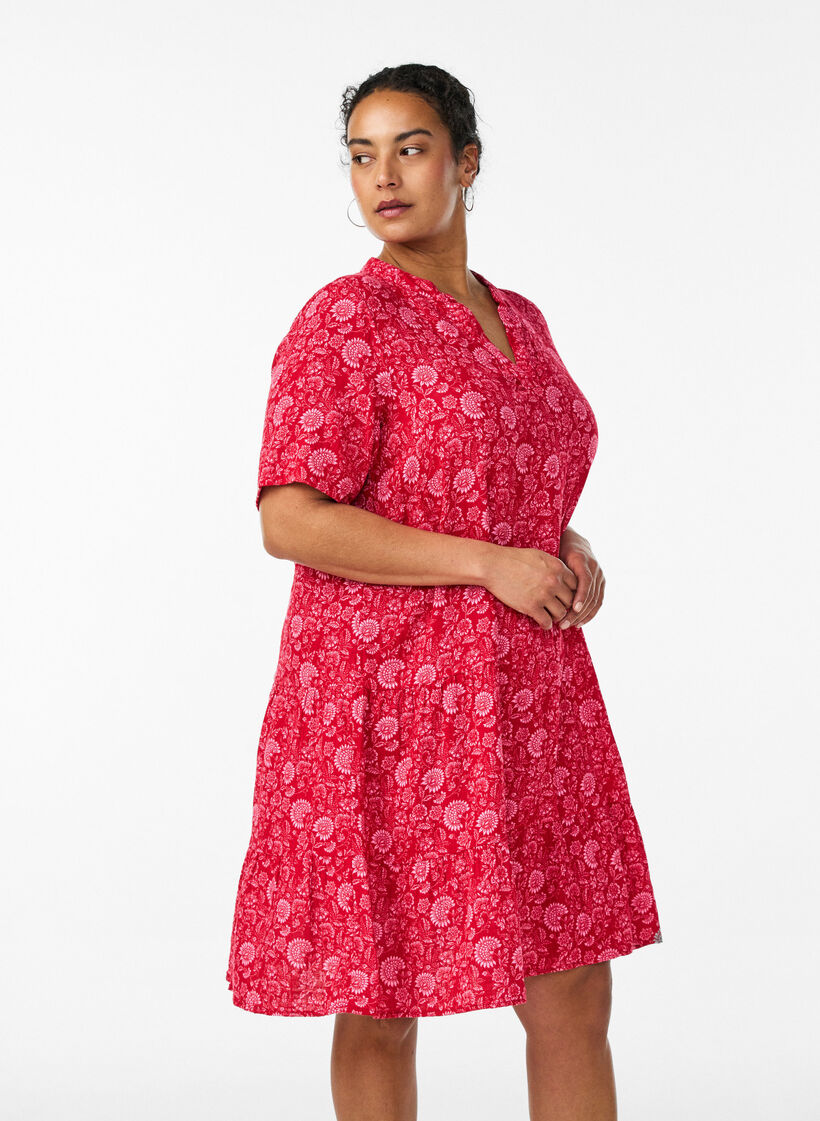 Short A-line dress in cotton muslin, Red, Model image number 0