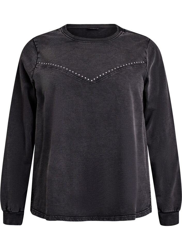 Sweatshirt with rhinestones and washed effect, Dark Grey, Packshot image number 0