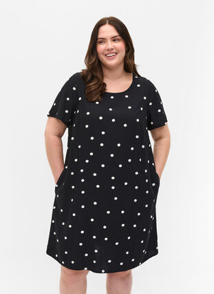 Short-sleeved polka dot viscose dress, Black Dot, Model image number 0