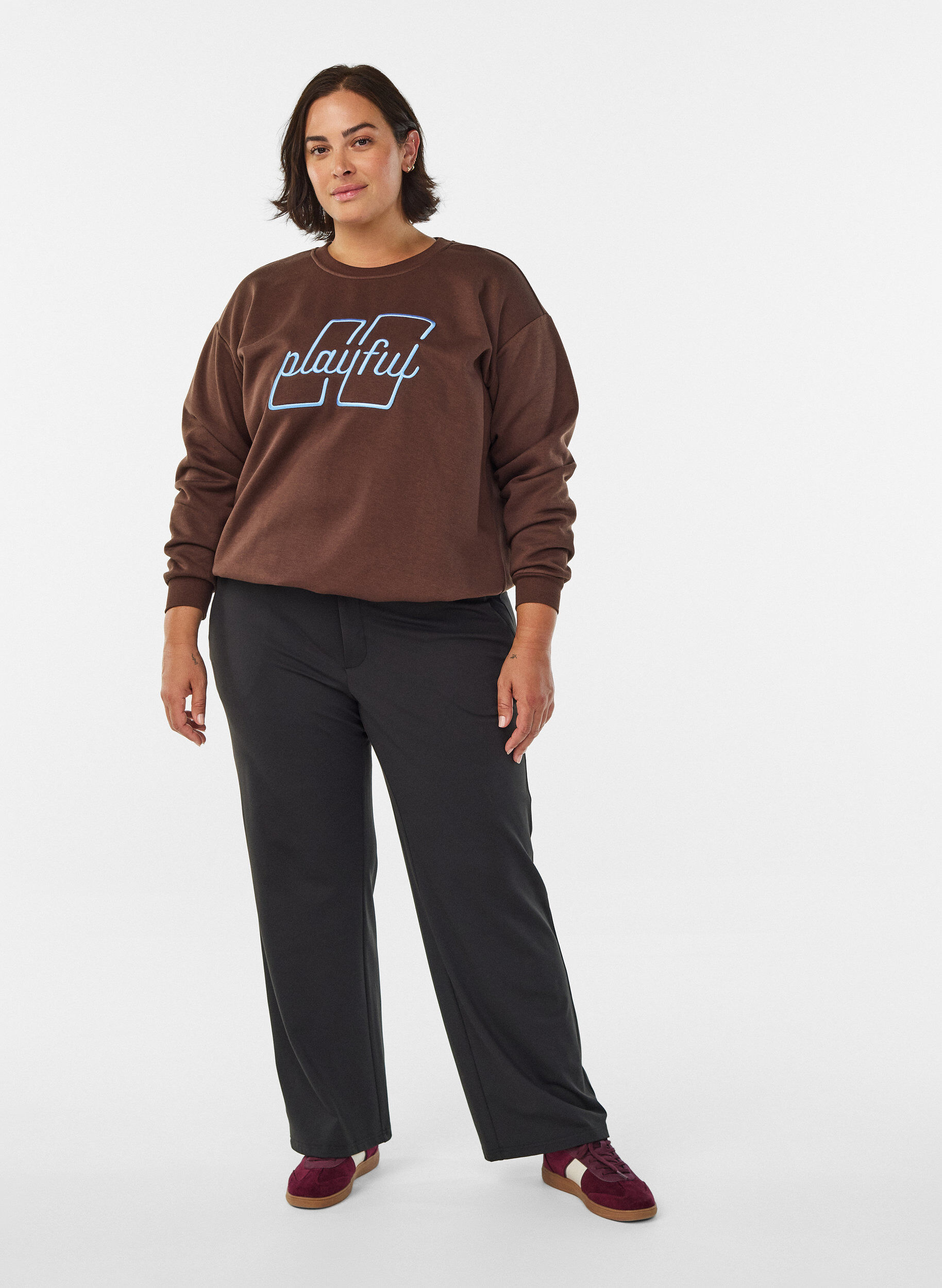 Zizzifashion Sweatshirt with embroidered text, Brown, Model image number 1