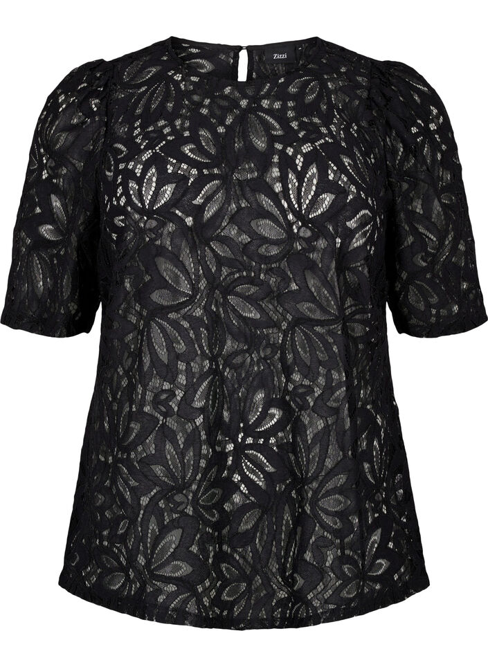 Lace blouse with short sleeves, Black, Packshot image number 0