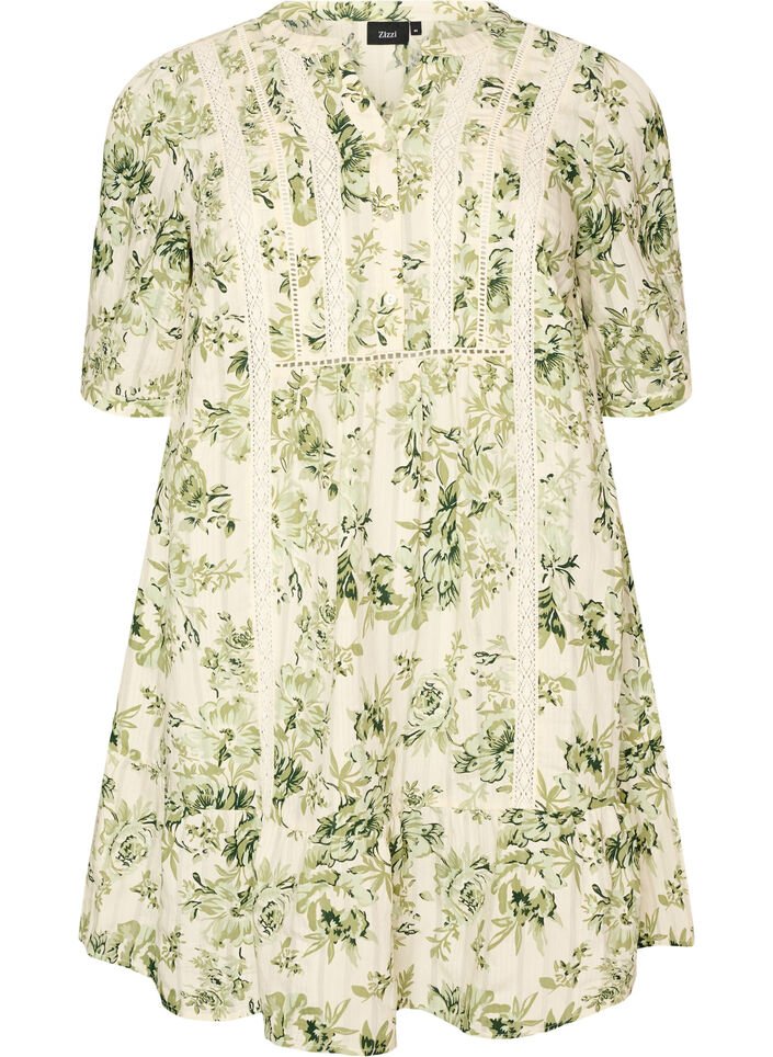 Short viscose dress with lace trim and A-line cut, Green, Packshot image number 0