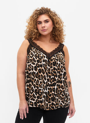 Top with lace in viscose, Leopard, Model image number 0