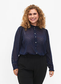 Shirt blouse with ruffles and patterned texture, Navy Blazer, Model