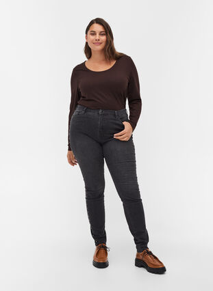 High-waisted Amy jeans with studs in the side seams, Dark Grey Denim, Model image number 0