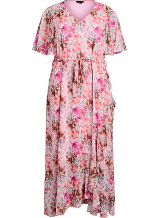 Chiffon maxi dress with a V-neck and ruffle hem - Rose - Sz. M - Zizzifashion Chiffon maxi dress with a V-neck and ruffle hem - Rose - Sz. M - Zizzifashion