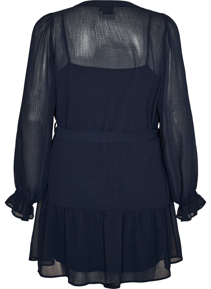 Short dress with ruffle details and a tie-belt, Blue, Packshot image number 1