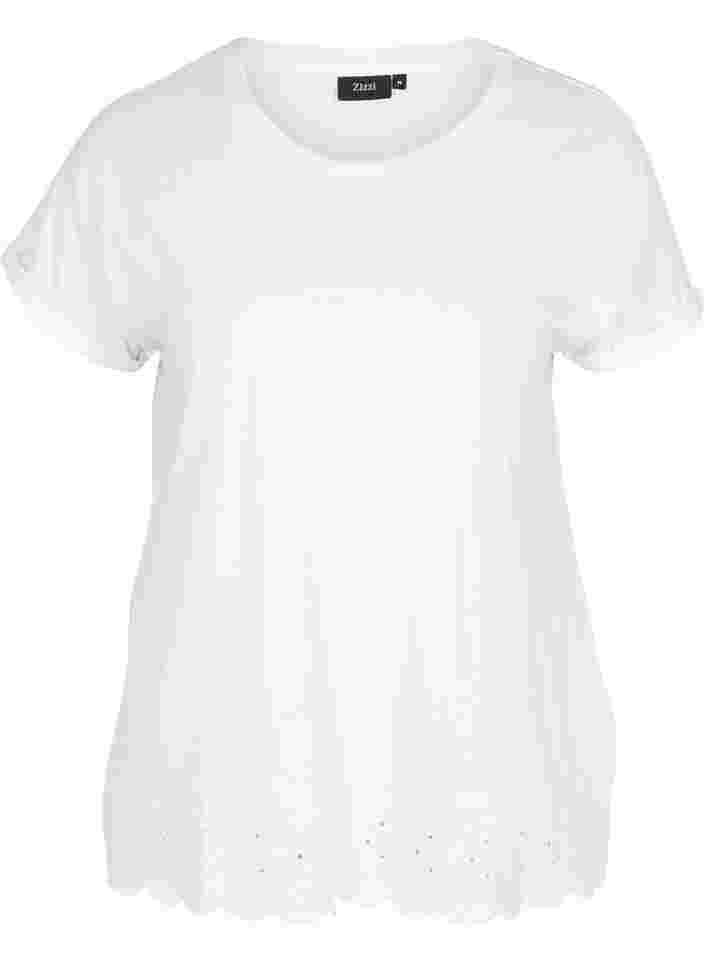 Short-sleeved t-shirt with broderie anglaise, Off White Mel, Packshot image number 0