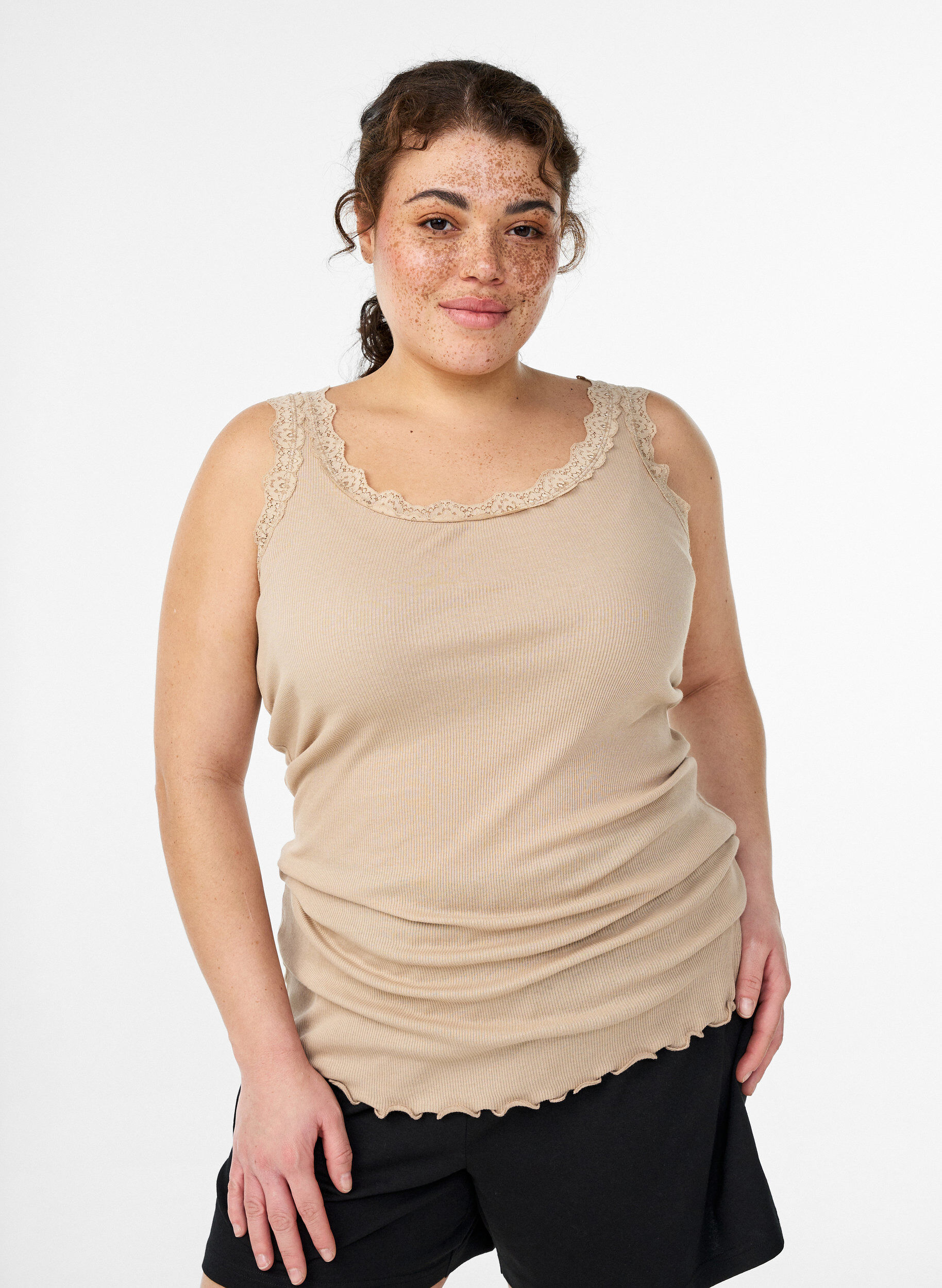 Top with lace trim, Beige, Model