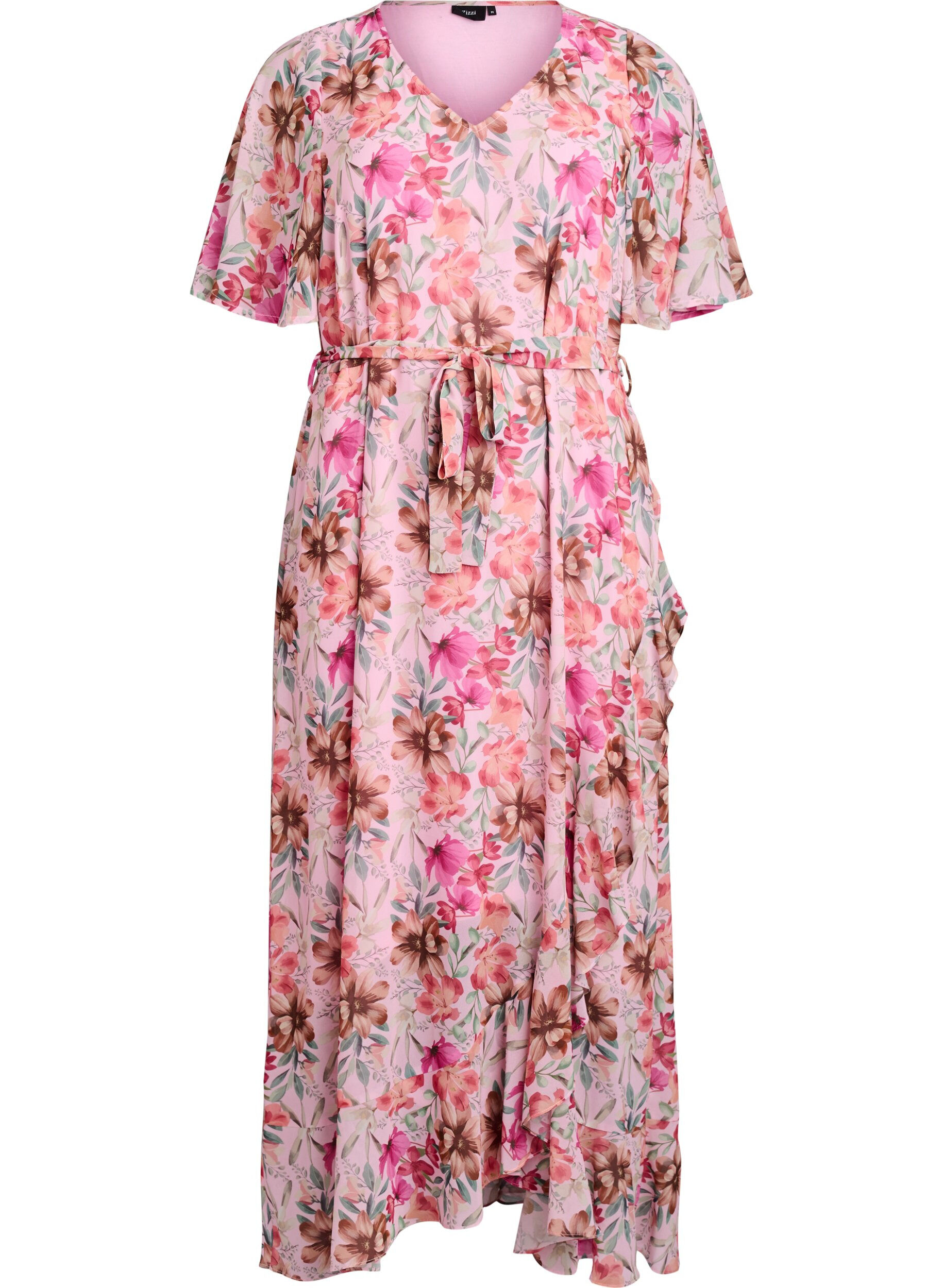 Chiffon maxi dress with a V-neck and ruffle hem