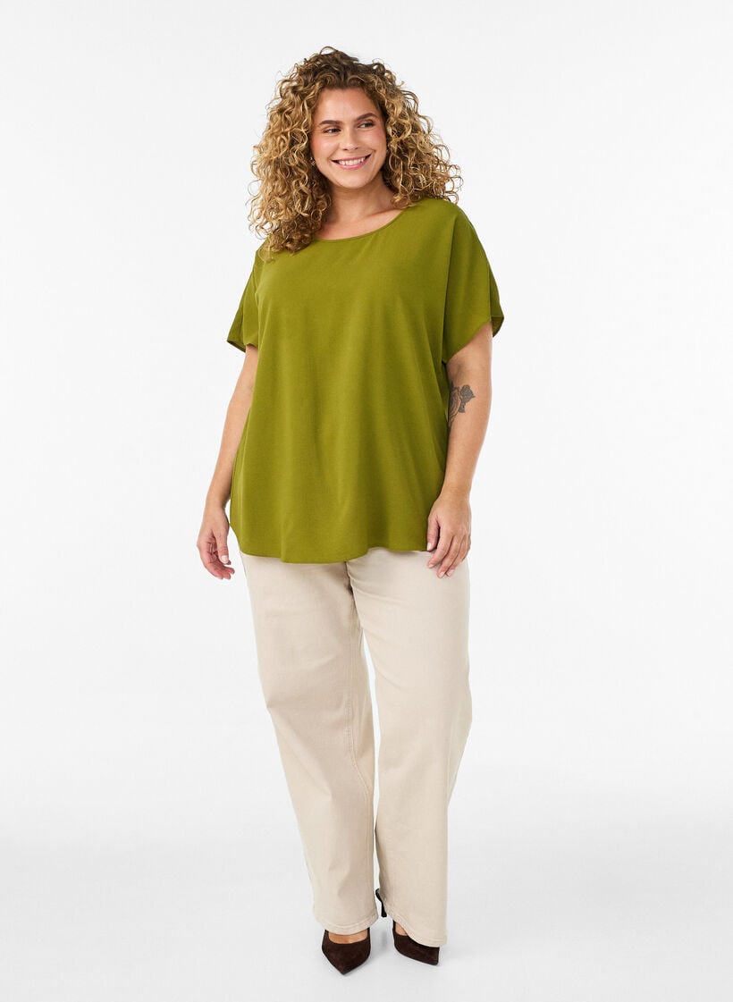 Blouse with short sleeves and a round neckline, Green, Model image number 1