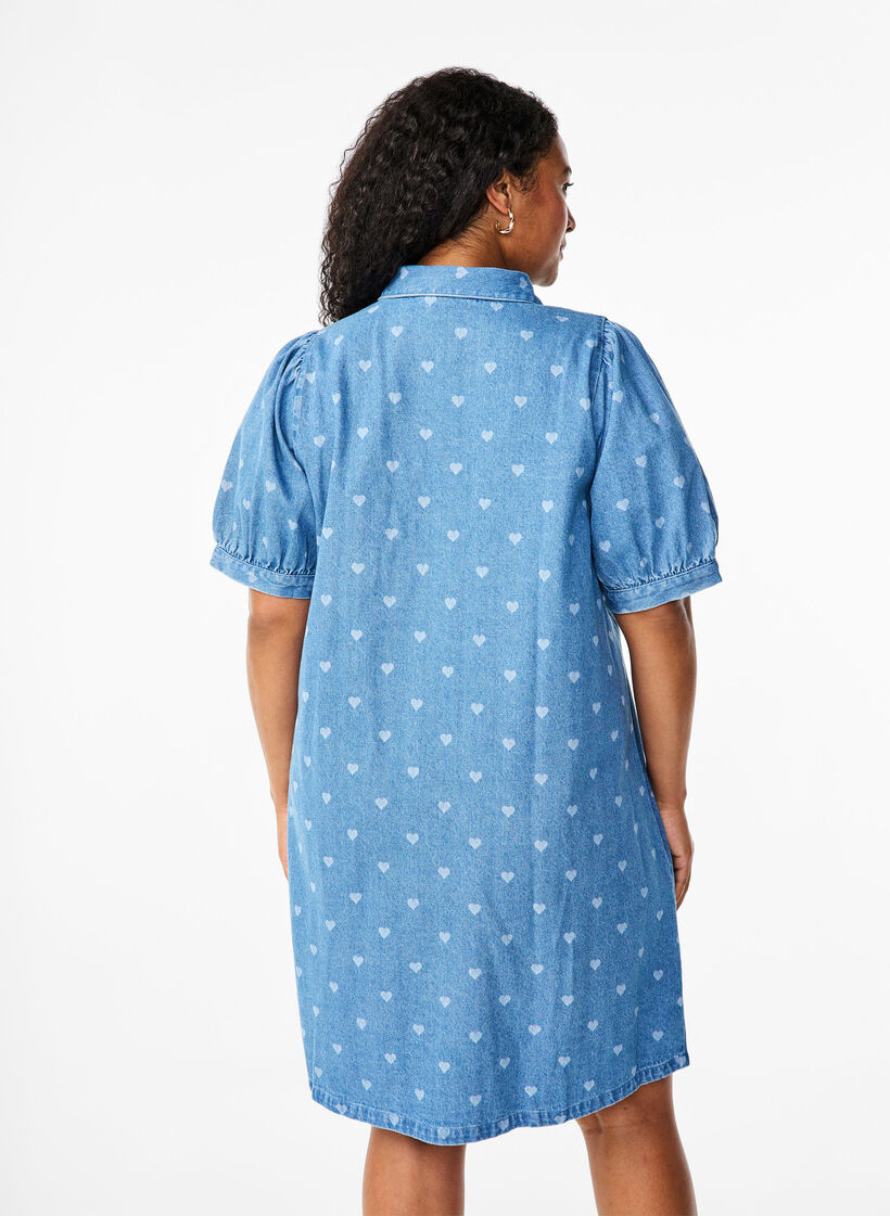 Short-sleeved denim dress with heart print, L. Blue D. w. Heart, Model image number 1