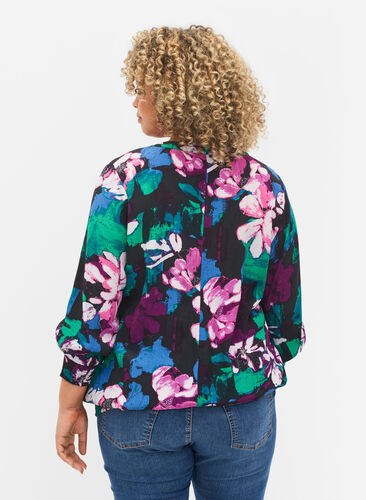 Floral blouse with 3/4-length sleeves in viscose, Black Flower AOP, Model image number 1