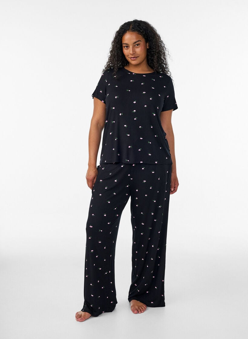 Pyjama bottoms with ribbed texture and floral print, Black, Model image number 1