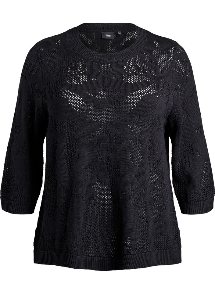 Knit blouse with an openwork pattern and 3/4 sleeves, Black, Packshot image number 0