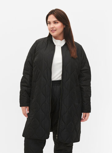Long quilted jacket with pockets and zipper, Black, Model image number 0