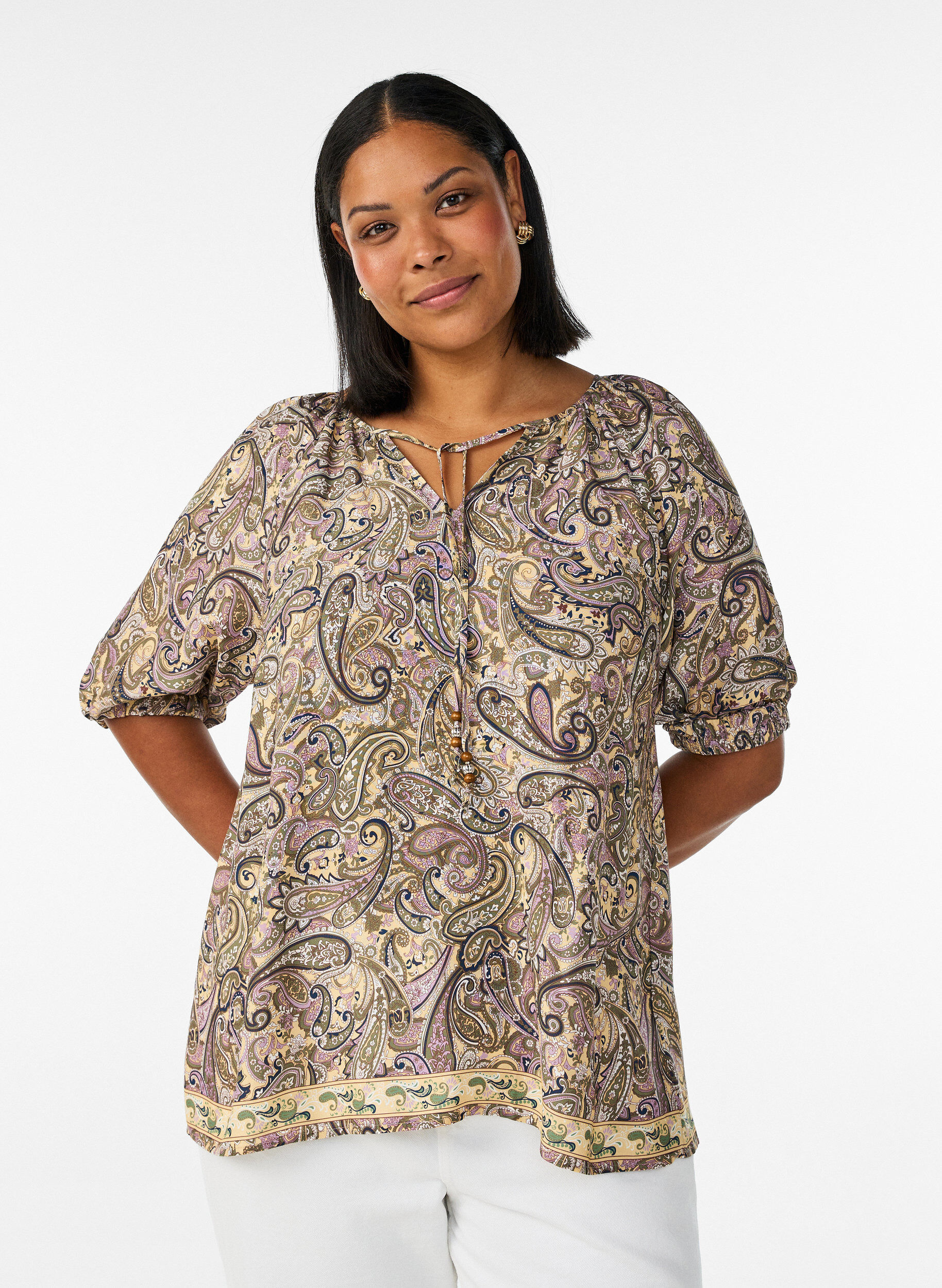 ZizzifashionViscose blouse with paisley print and tie-string, Yellow, Model image number 0