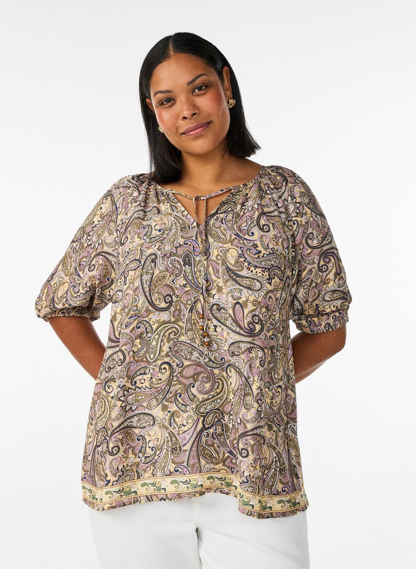 Viscose blouse with paisley print and tie-string, Yellow, Model image number 0