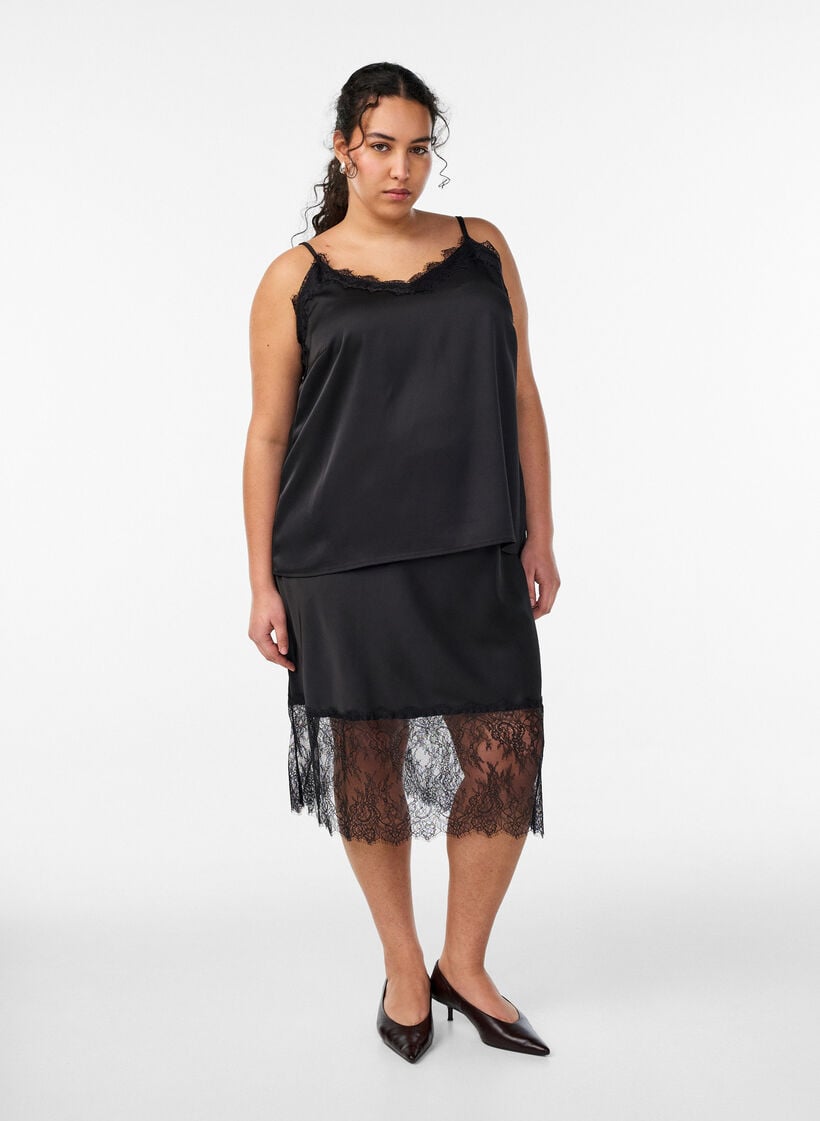 Satin-look skirt with lace trim, Black, Model image number 0