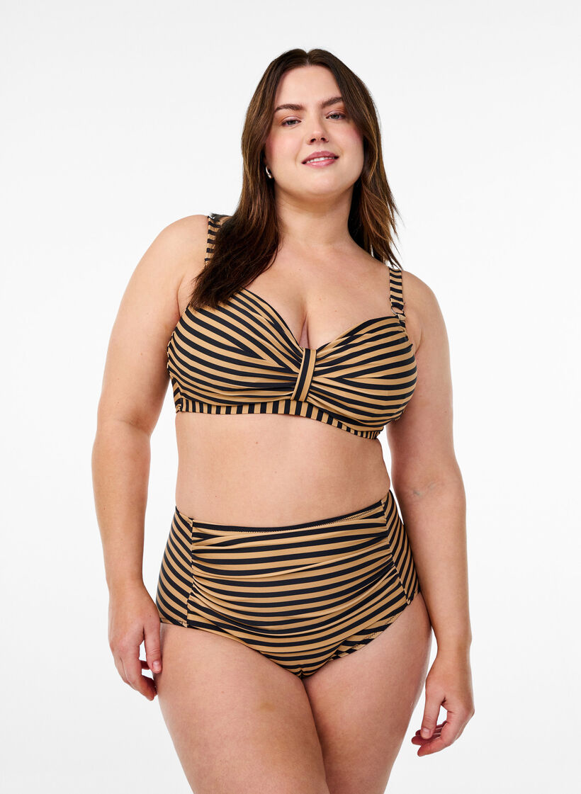High-waisted patterned bikini bottoms, Brown, Model image number 0